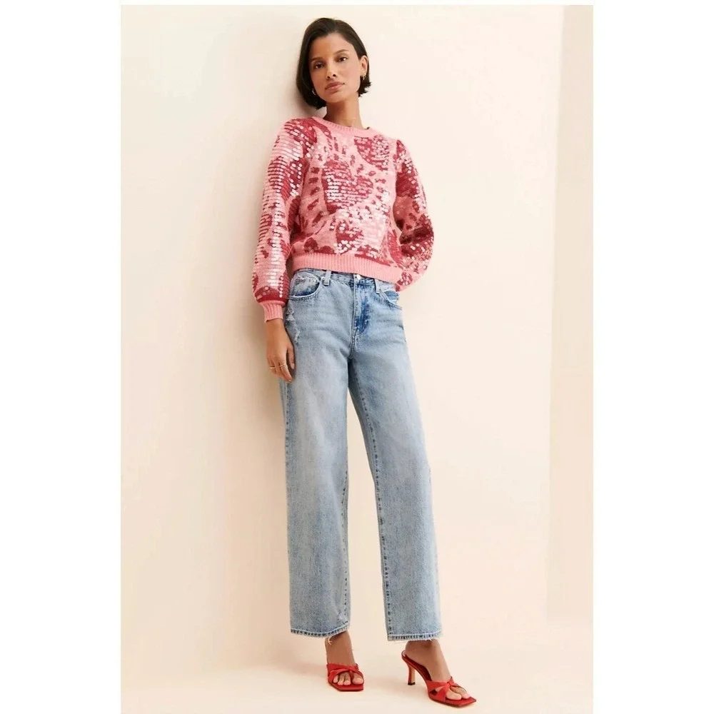 Farm Rio Sequin Hearts Knit‎ Sweater Small Pink Red Wool Blend Love Puff Sleeves